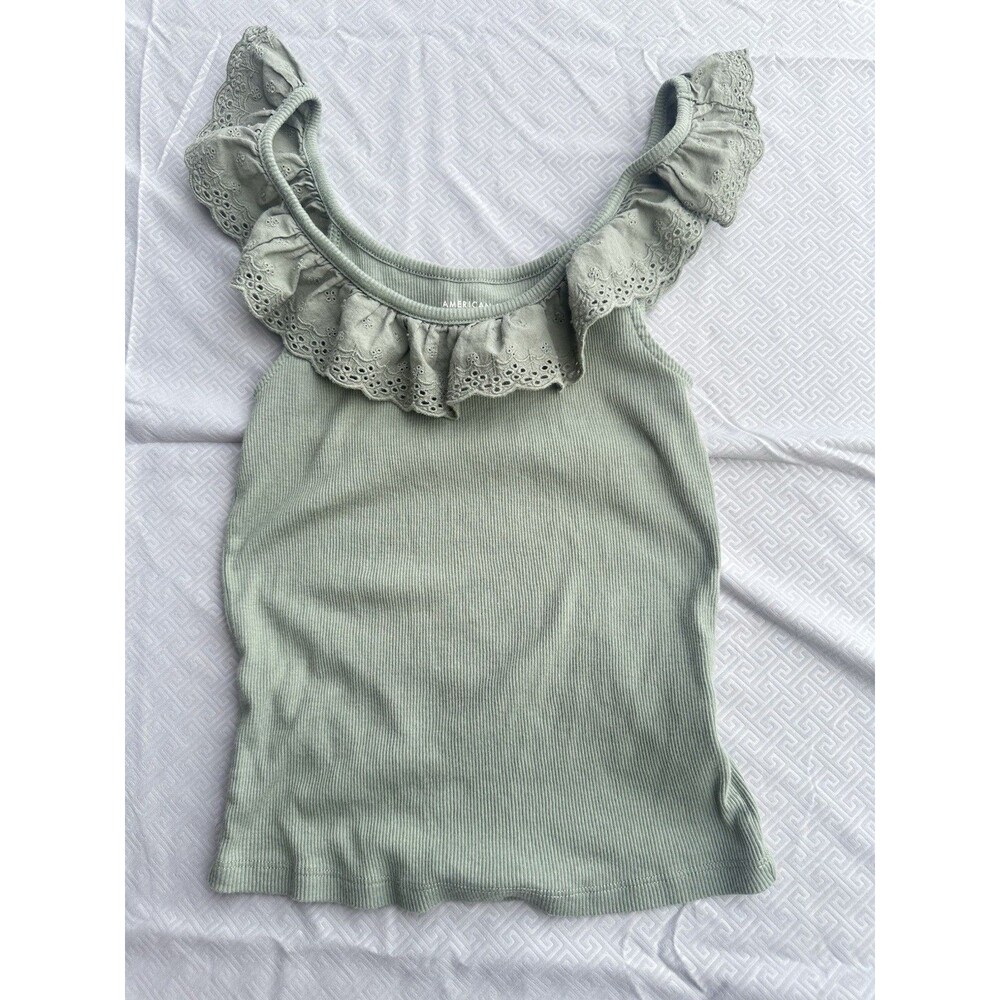 American Eagle Women's Small Green Scoop Neck Ribbed Baby Eyelet Ruffle Top